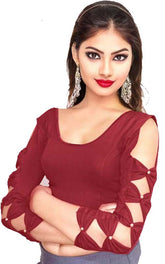 Stylesindia Women's Designer Cut-Out Sleeve Blouse | Stretchable Cotton Lycra Crop Top | Trendy Party & Ethnic Wear DNo:109